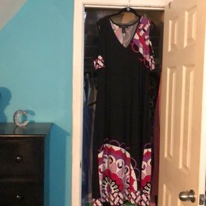Black and bold fuschia cold-shoulder maxi dress.